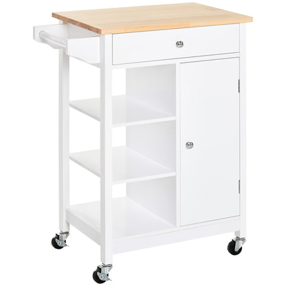 Carrello da Cucina Salvaspazio in MDF con Piano di Lavoro in Legno di Gomma, Cassetto, Armadietto, 3 Mensole, Ripiani Regolabili, Porta Strofinacci e Ruote Girevole, 66x39.5x86.5cm, Bianco