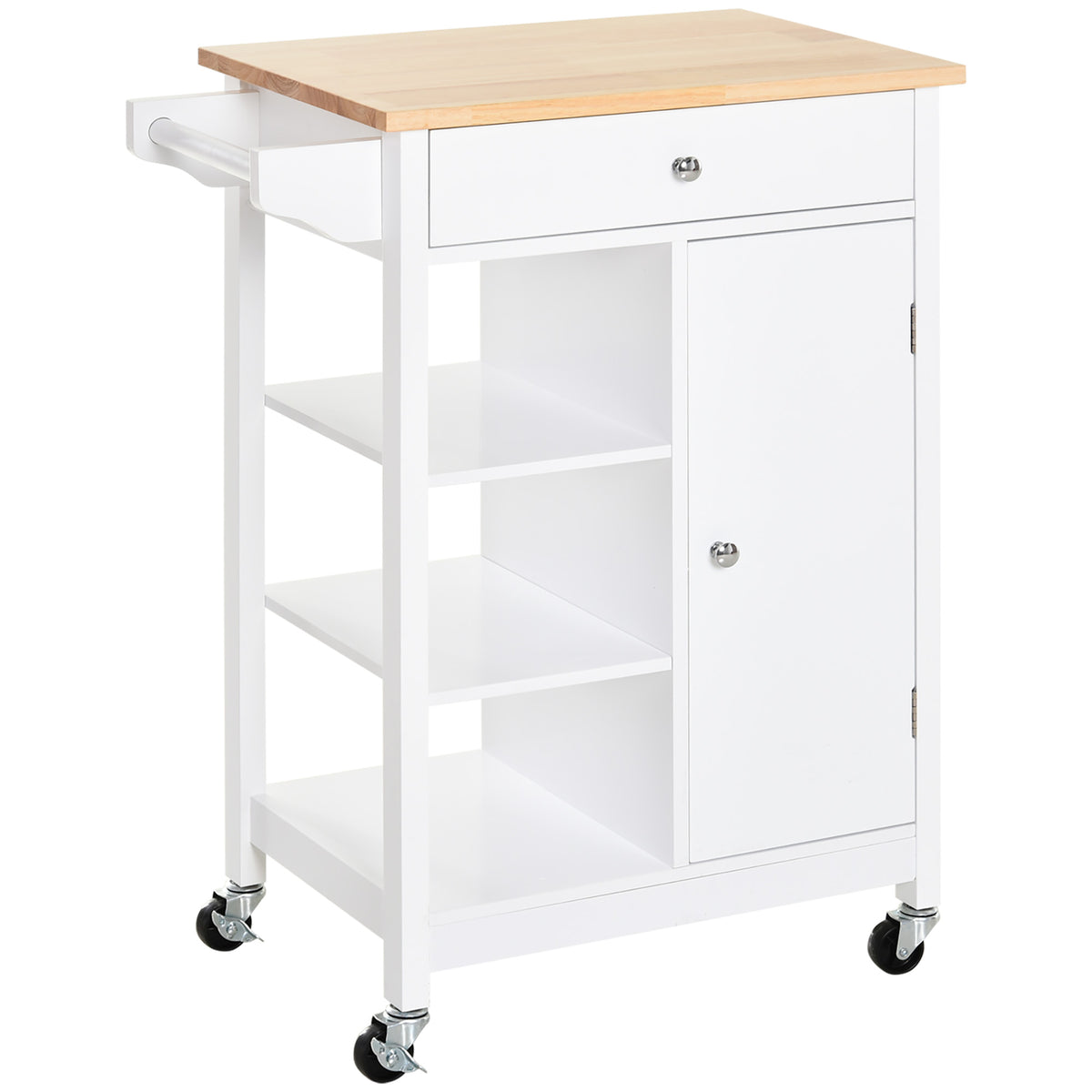 Carrello da Cucina Salvaspazio in MDF con Piano di Lavoro in Legno di Gomma, Cassetto, Armadietto, 3 Mensole, Ripiani Regolabili, Porta Strofinacci e Ruote Girevole, 66x39.5x86.5cm, Bianco