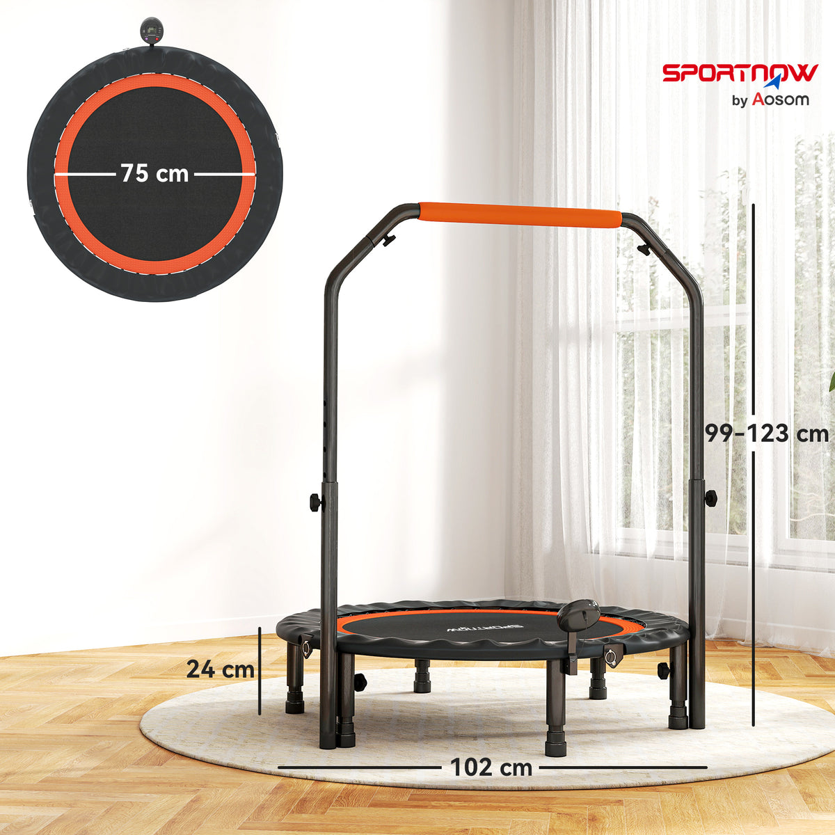 Mini Trampolino Fitness 102 cm con Manubrio Regolabile, Trampolino Elastico Pieghevole, Nero