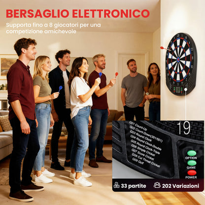Freccette Bersaglio Elettronico, Bersaglio Freccette con Punta Morbida con 6 Freccette e Display LCD, per 8 Giocatori, 18 Giochi e 159 Varianti