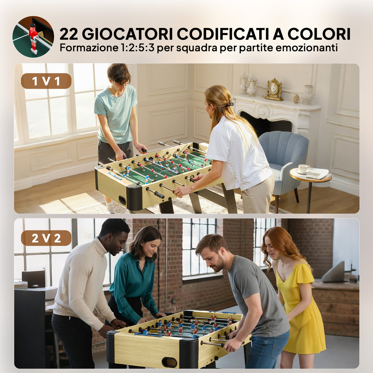 Calcio Balilla Pieghevole con Impugnature Antiscivolo, 2 Palline e Segnapunti, Verde e color Legno