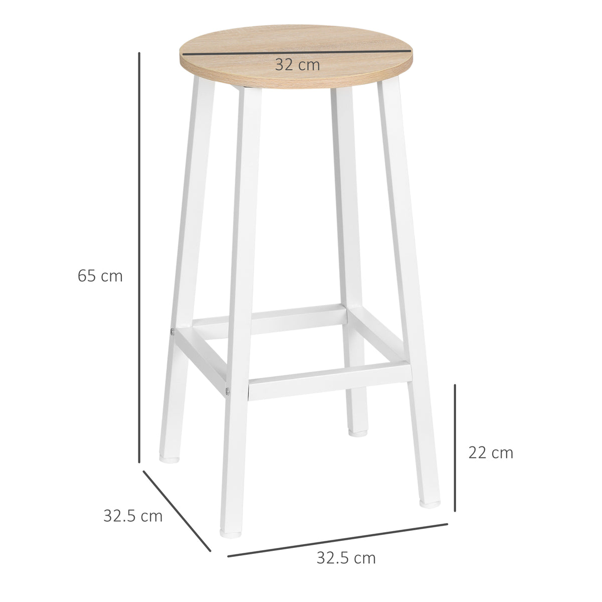 Set 2 Sgabelli da Cucina in Truciolato e Acciaio con Piano Liscio e Poggiapiedi, 32.5x32.5x65 cm, Bianco e Legno