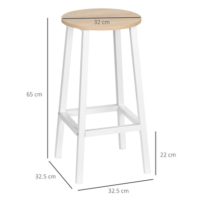 Set 2 Sgabelli da Cucina in Truciolato e Acciaio con Piano Liscio e Poggiapiedi, 32.5x32.5x65 cm, Bianco e Legno