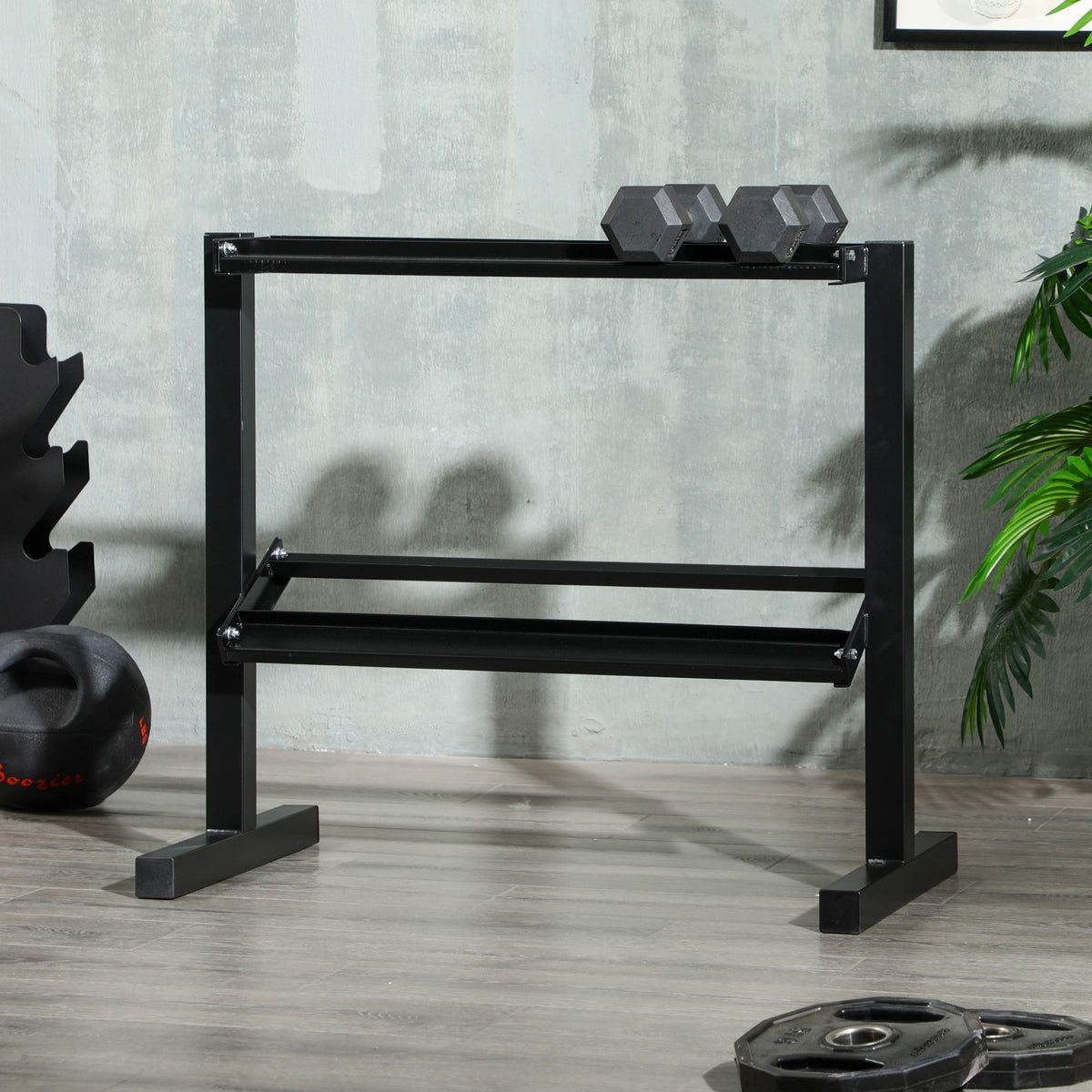 Porta Pesi con 2 Ripiani in Acciaio per Palestra, Casa e Ufficio, 94x52.5x82cm, Nero