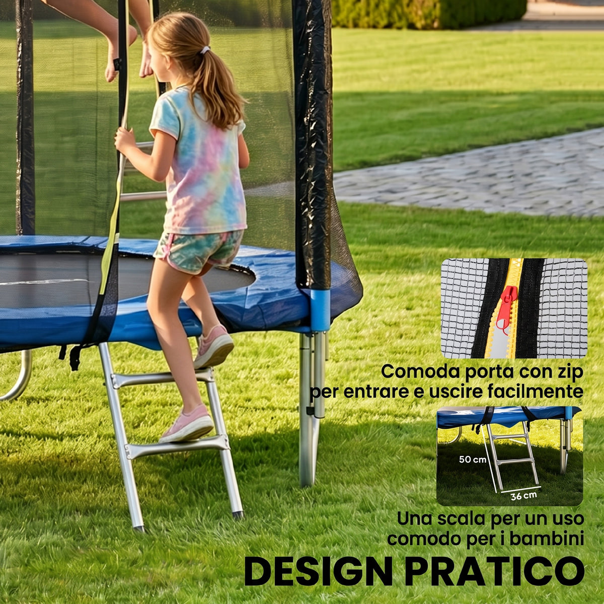 Trampolino Elastico con Scaletta e Rete di Sicurezza, in Acciaio e Plastica, 180x200 cm, Blu