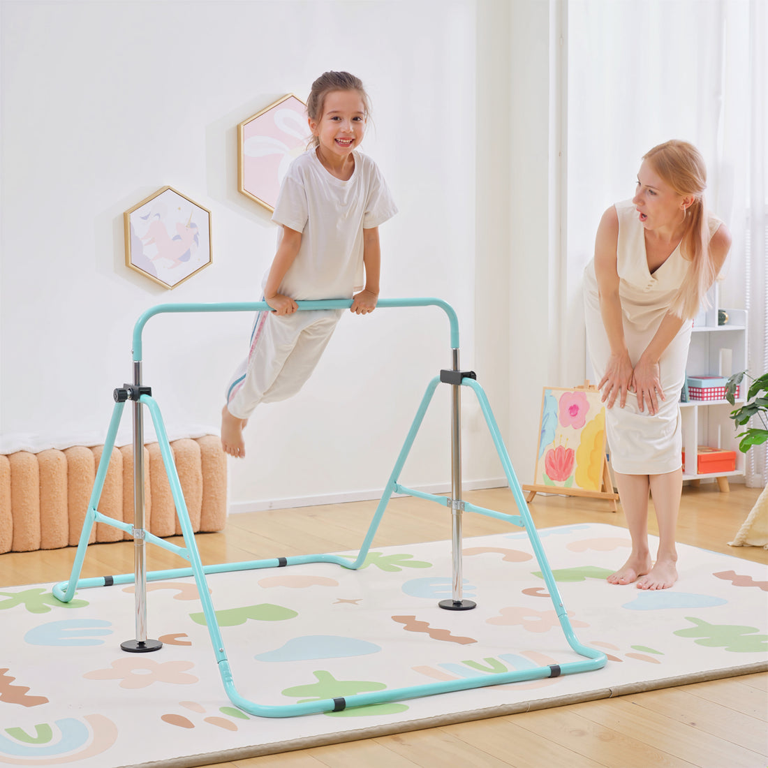 Sbarra Ginnastica Artistica per Bambini 3+ Anni con Altezze Regolabili in 5 Posizioni in Acciaio, Verde