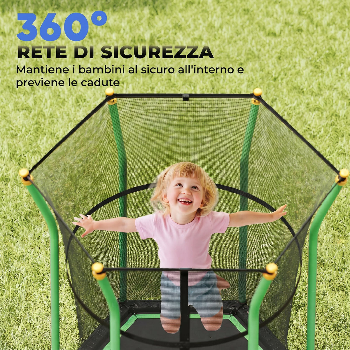 Trampolino Elastico per Bambini 3-10 Anni con Ingresso a Cerniera e Pali Imbottiti, 122x111x190 cm, Verde
