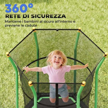 Trampolino Elastico per Bambini 3-10 Anni con Ingresso a Cerniera e Pali Imbottiti, 122x111x190 cm, Verde