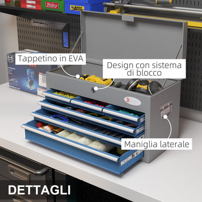 Cassetta Attrezzi in Acciaio con 6 Cassetti, un Bauletto e 2 Chiavi, 60x26x34 cm. Blu