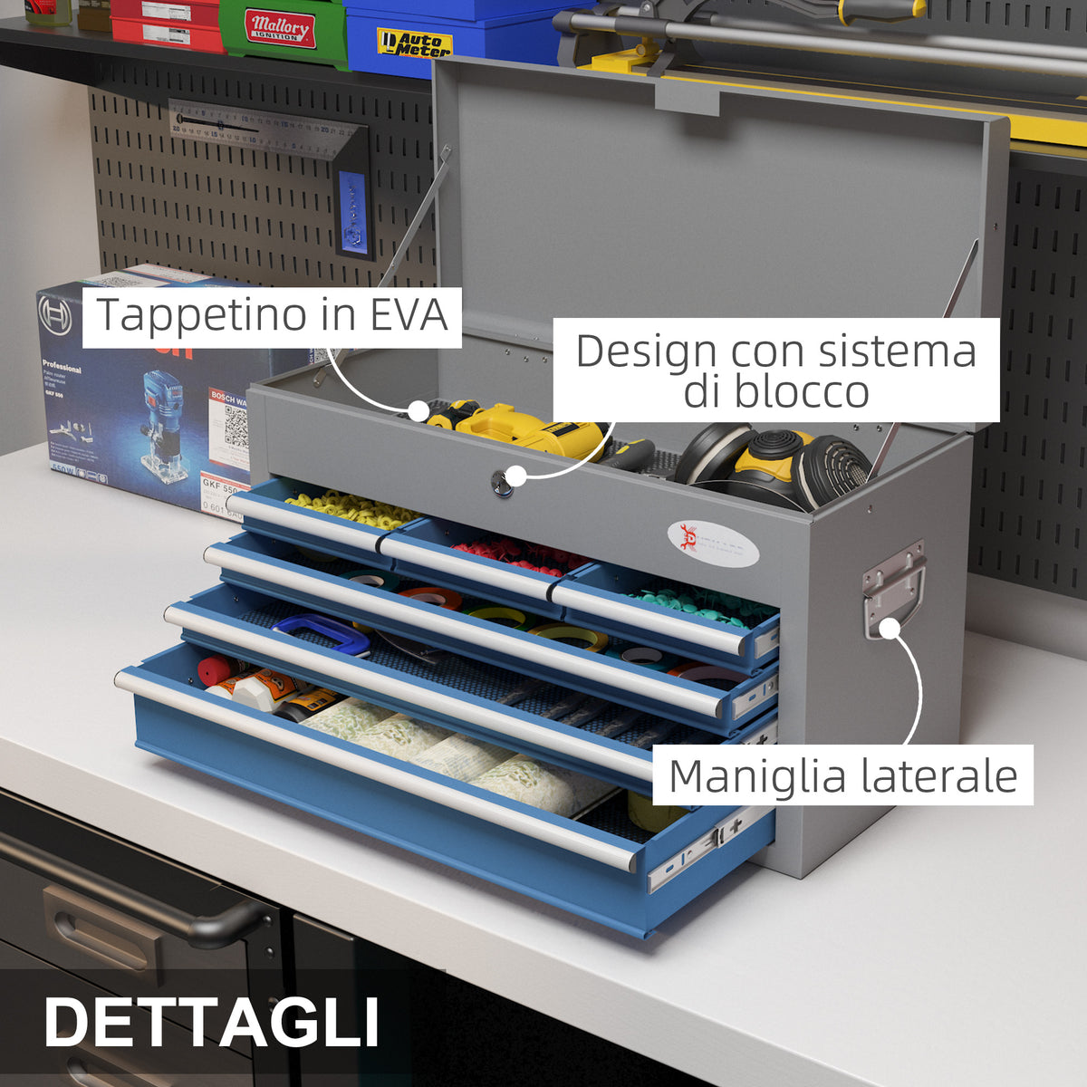 Cassetta Attrezzi in Acciaio con 6 Cassetti, un Bauletto e 2 Chiavi, 60x26x34 cm. Blu