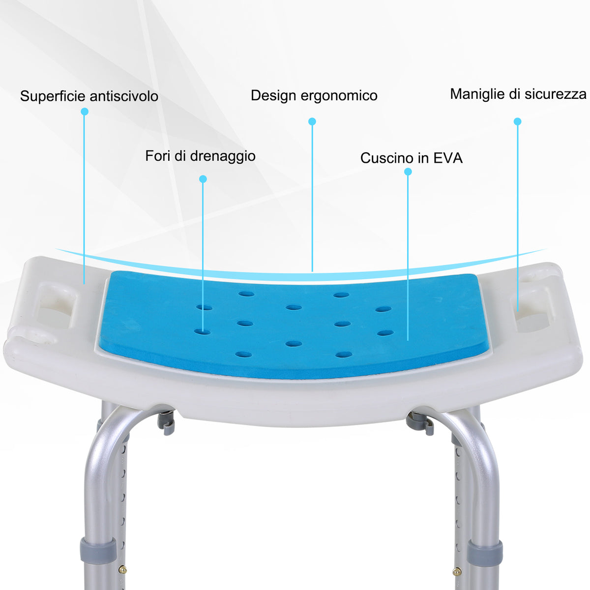 Sgabello per Doccia da Bagno in Lega di Alluminio e Plastica Antiscivolo, Sgabello Bagno con Altezza Regolabile 6 Livelli 39-52cm, Blu