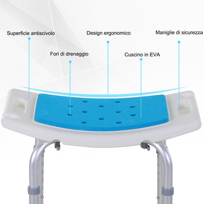 Sgabello per Doccia da Bagno in Lega di Alluminio e Plastica Antiscivolo, Sgabello Bagno con Altezza Regolabile 6 Livelli 39-52cm, Blu