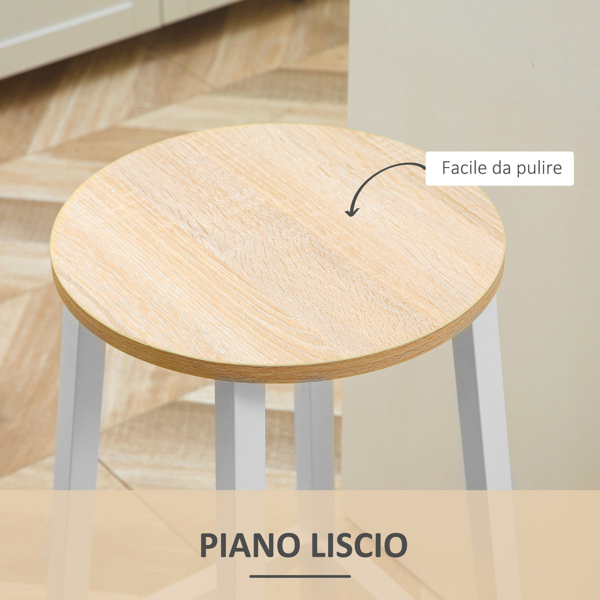 Set 2 Sgabelli da Cucina in Truciolato e Acciaio con Piano Liscio e Poggiapiedi, 32.5x32.5x65 cm, Bianco e Legno