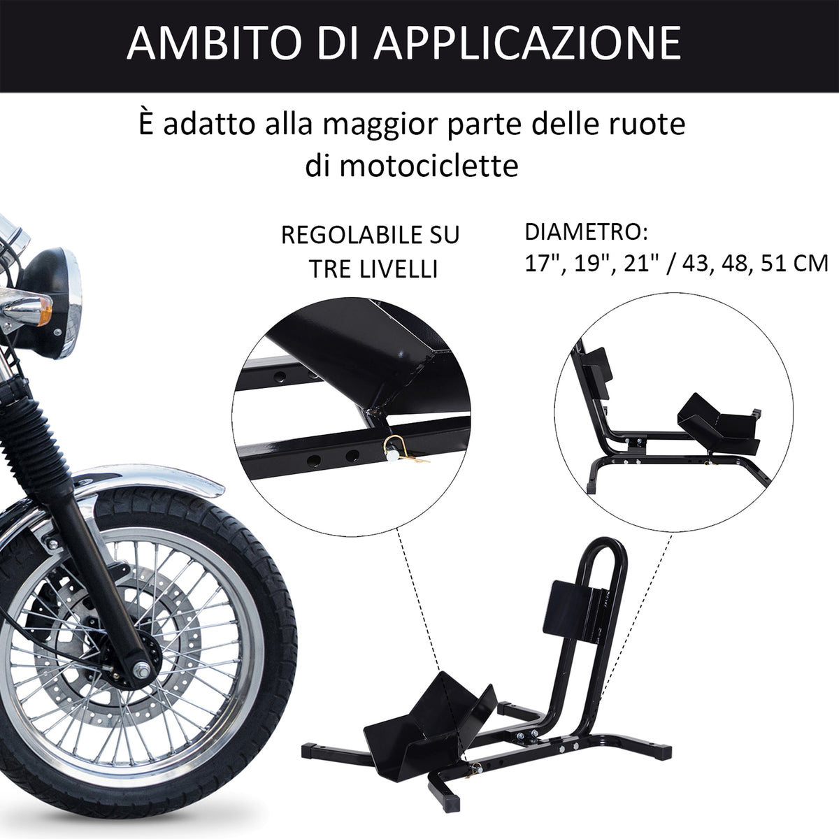 Blocca Ruota Moto Regolabile su 3 Livelli da 250 kg max in Metallo, 60x55x43 cm, Nero