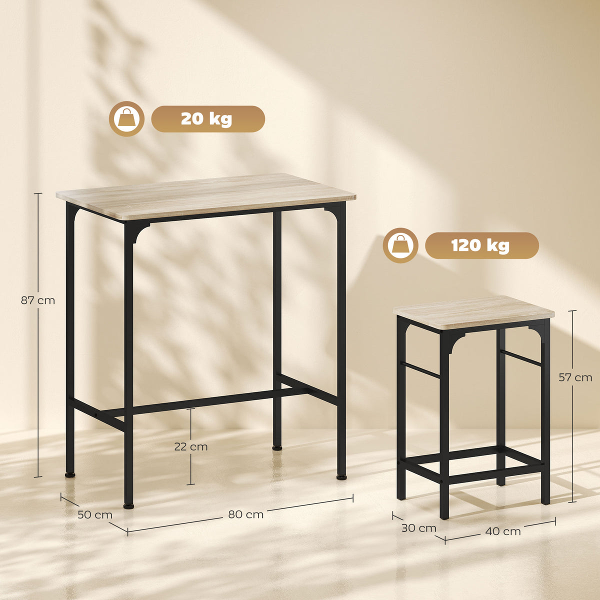 Arredamento Bar 3 Pezzi con Tavolo da Cucina e 2 Sgabelli da Bar in Legno e Acciaio, color Legno e Nero
