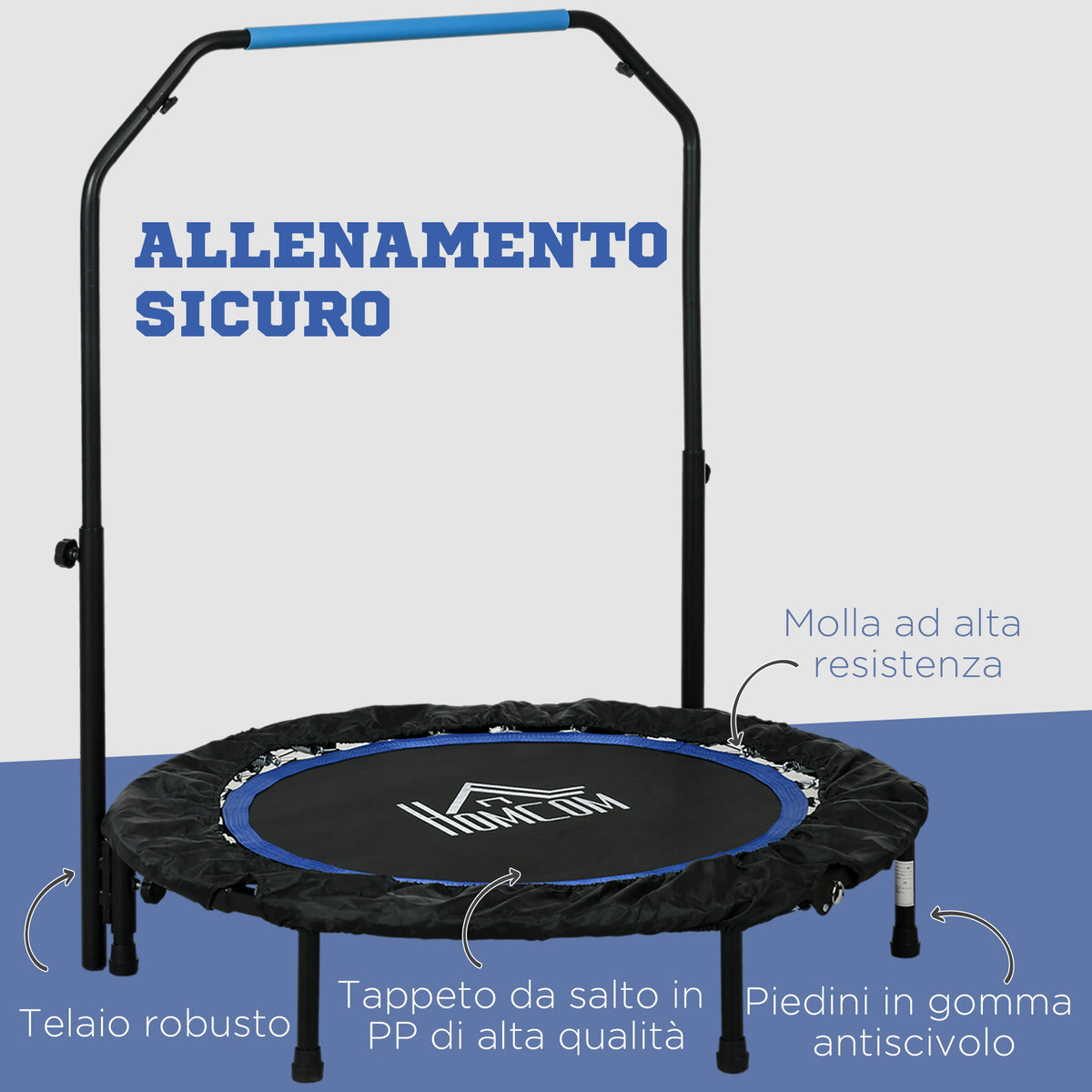 Mini Trampolino Fitness 102 cm Pieghevole con Manubrio Regolabile in Altezza, Blu