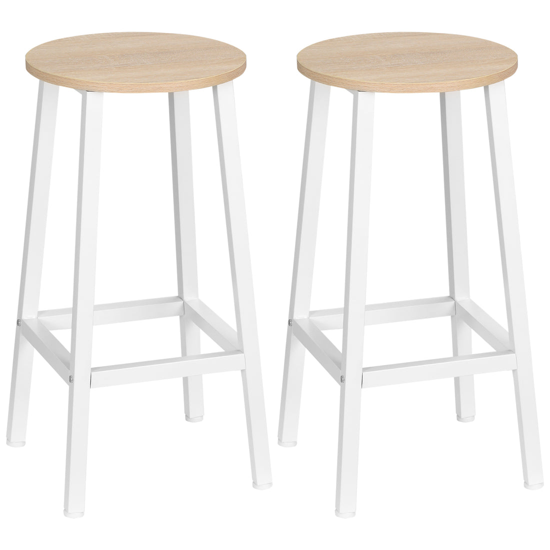 Set 2 Sgabelli da Cucina in Truciolato e Acciaio con Piano Liscio e Poggiapiedi, 32.5x32.5x65 cm, Bianco e Legno