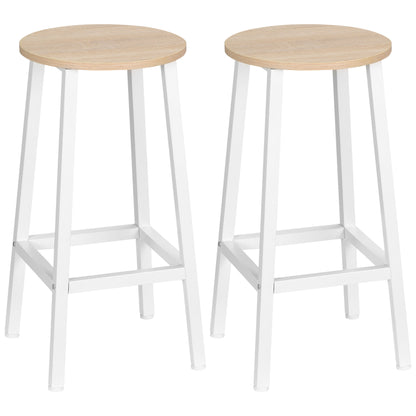 Set 2 Sgabelli da Cucina in Truciolato e Acciaio con Piano Liscio e Poggiapiedi, 32.5x32.5x65 cm, Bianco e Legno