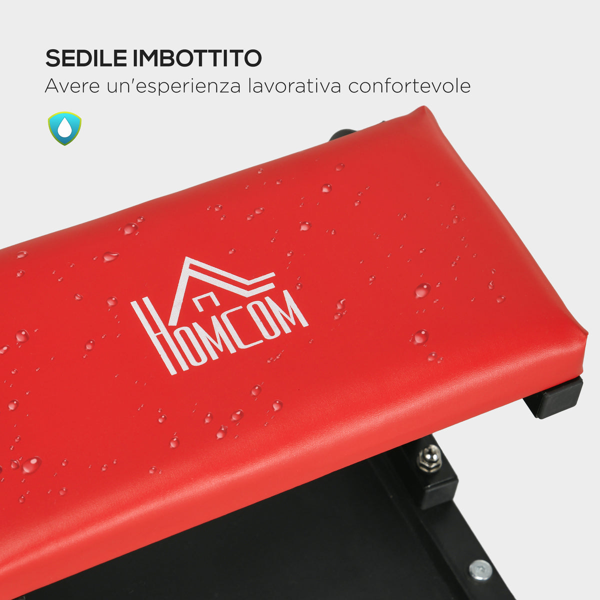Sgabello da Officina Imbottito con Ruote e Vassoio Porta Attrezzi in Acciaio e PU, 38x35x37cm, Rosso
