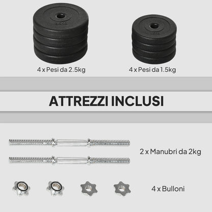 Set Manubri Pesi 20 kg (4x2.5 kg, 4x1.5 kg) con 8 Dischi e 2 Manubri da 2 kg, 43x18x7.5 cm, Nero