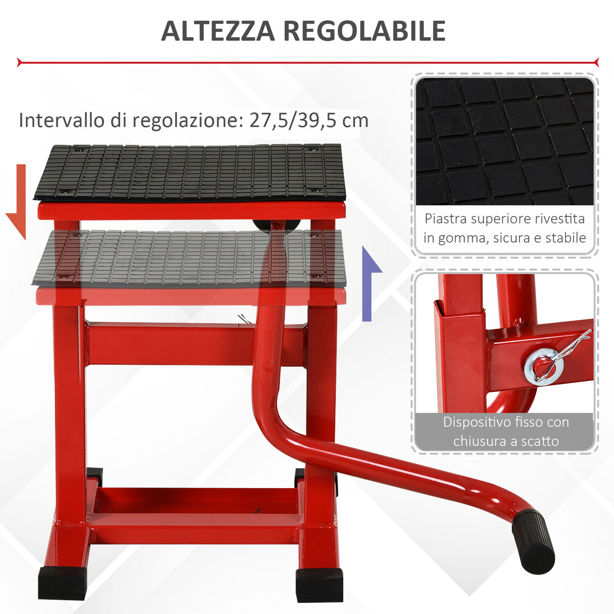 Cavalletto Alzamoto in Acciaio max 150kg con Superficie in Gomma e Manovella, 48x34x43 cm, Rosso
