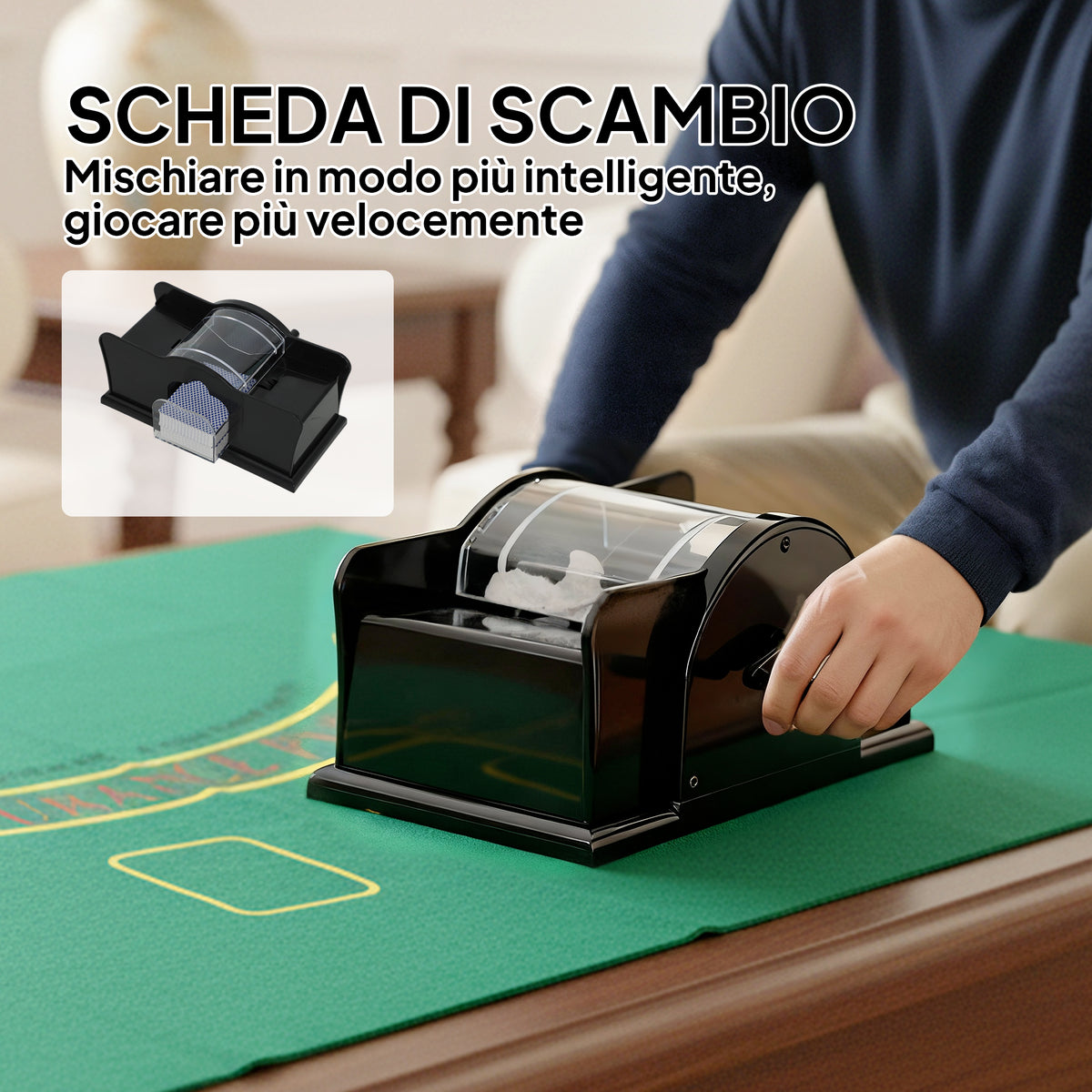 Set Poker con 300 Fiches, Mescolatore e Distributore Carte, Tappetino, 5 Dadi, Pulsante Dealer e Valigetta