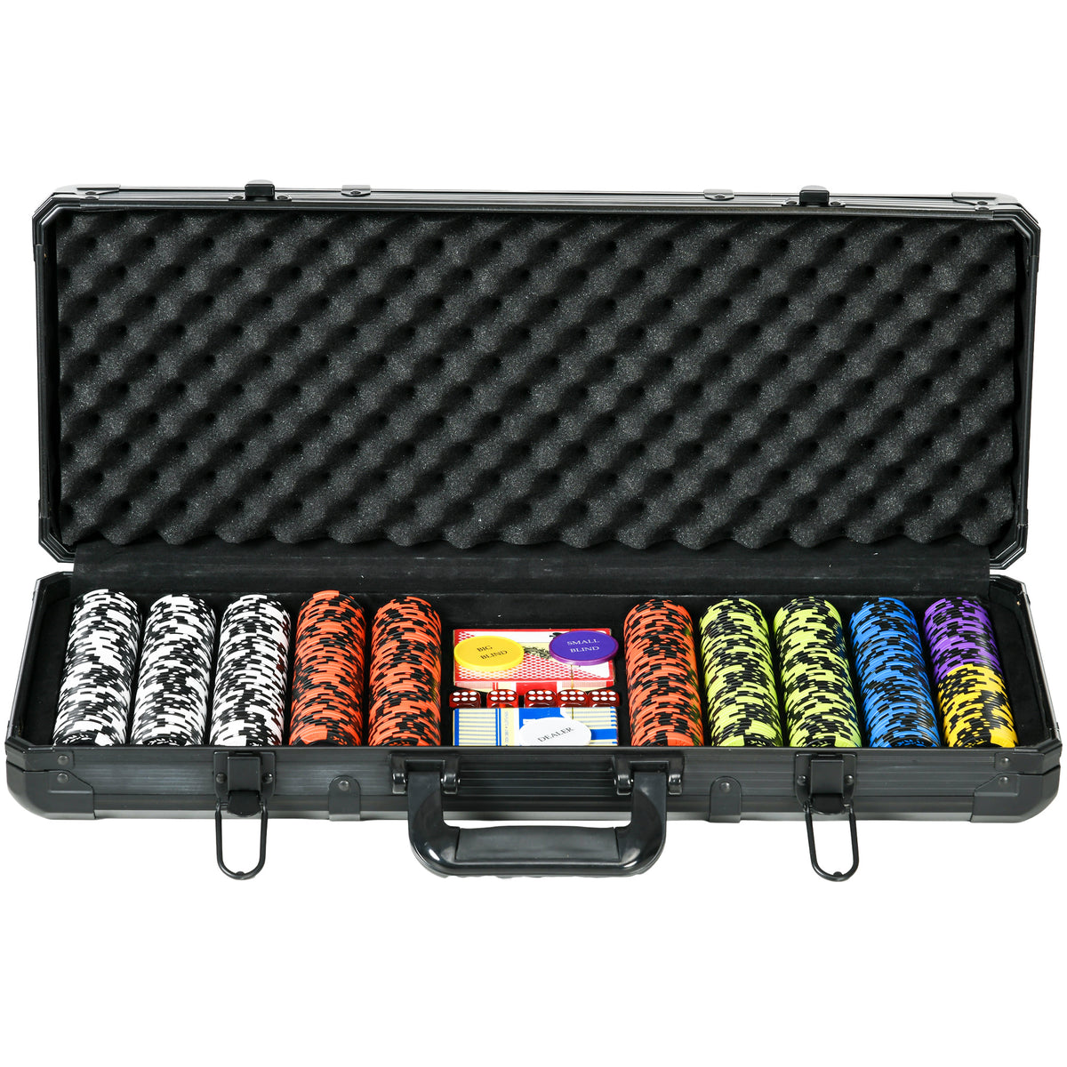 Set Poker con 500 Fiches, 2 Mazzi di Carte, 5 Dadi, Pulsanti e Valigetta Protettiva in Alluminio Nero