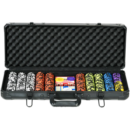 Set Poker con 500 Fiches, 2 Mazzi di Carte, 5 Dadi, Pulsanti e Valigetta Protettiva in Alluminio Nero