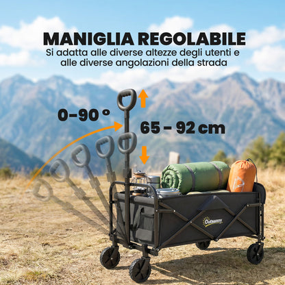 Carrello da Giardino 72L Pieghevole con Manico Regolabile, in Acciaio e Tessuto Oxford, 114x46x92 cm, Nero