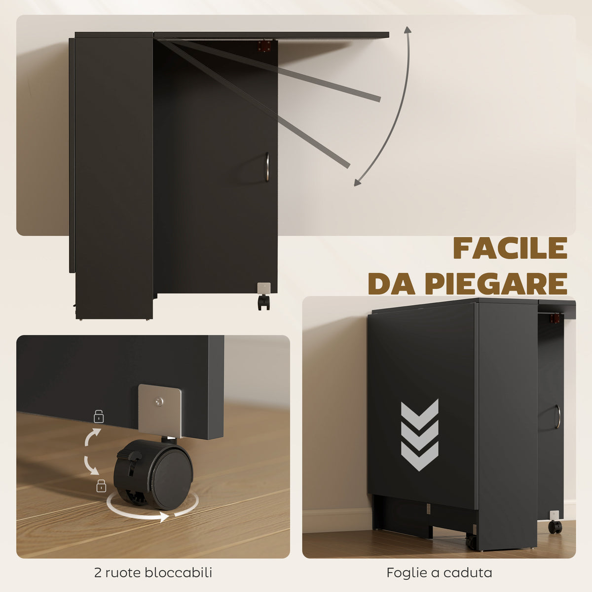 Tavolo Pieghevole in Legno per 4-6 Persone con Ruote, 75x140x74cm, Nero