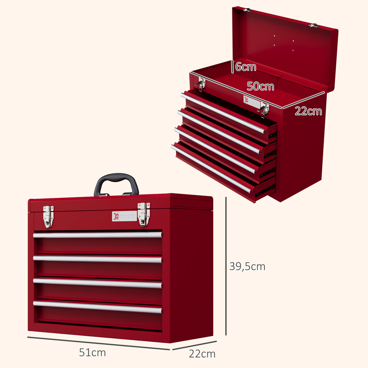 Cassetta Porta Attrezzi in Acciaio con 4 Cassetti, Vassoio Superiore a Doppia Serratura, 51x22x39.5 cm, Rosso
