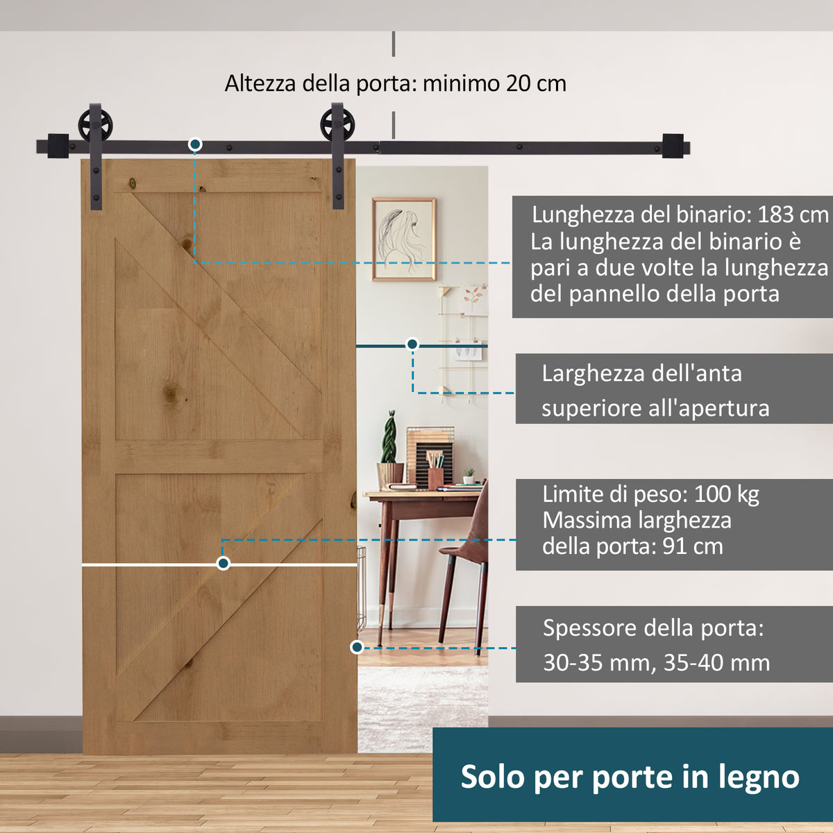 Kit Porta Scorrevole 100kg max in Acciaio con Binario, Ganci, Fermi, Viti e Bulloni, 183x4x0.6 cm