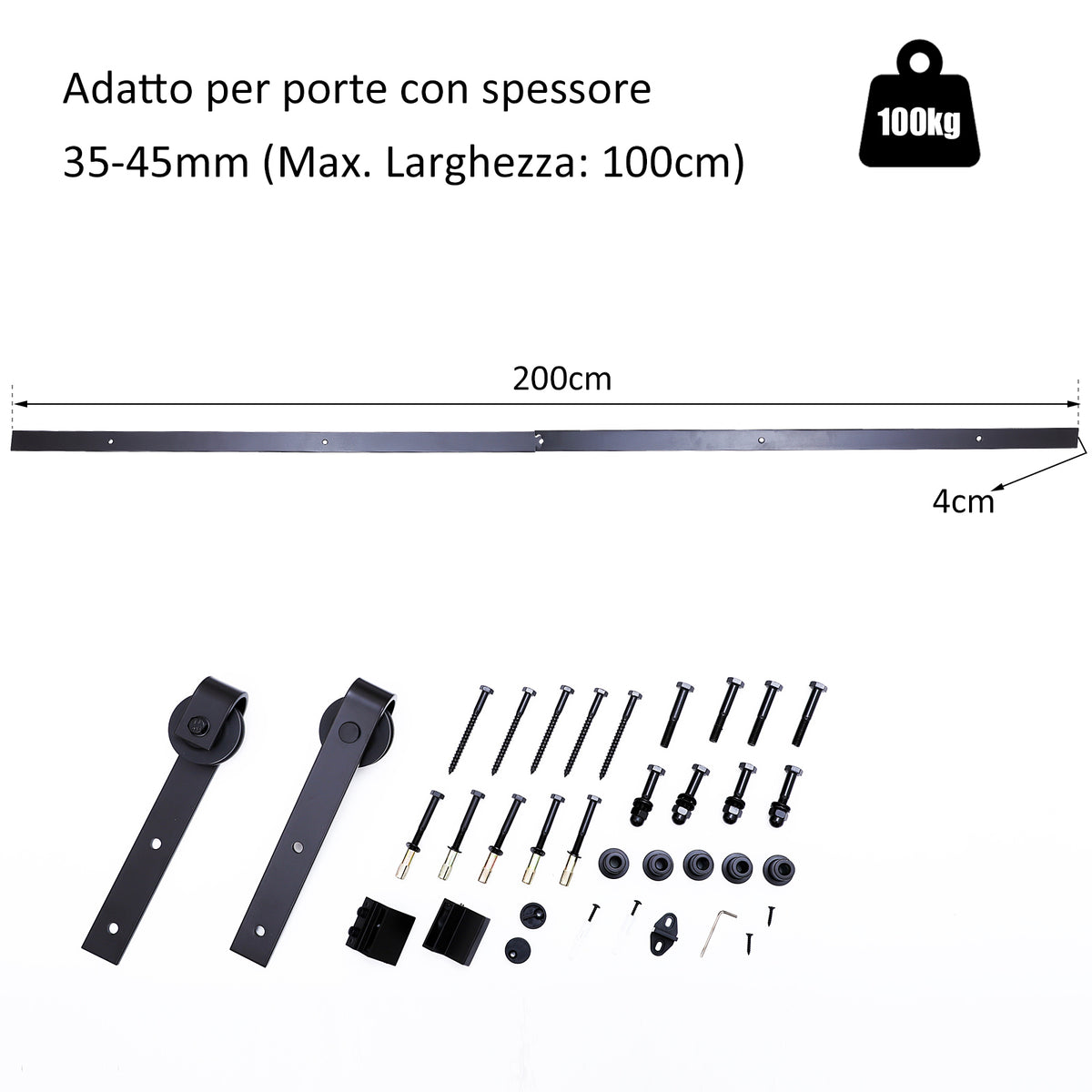 200cm Binario per Porta Scorrevole Kit Accessori con Binario e Rulli Portata 100kg Acciaio al Carbonio 20040.6cm