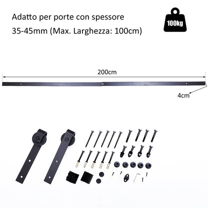 200cm Binario per Porta Scorrevole Kit Accessori con Binario e Rulli Portata 100kg Acciaio al Carbonio 20040.6cm
