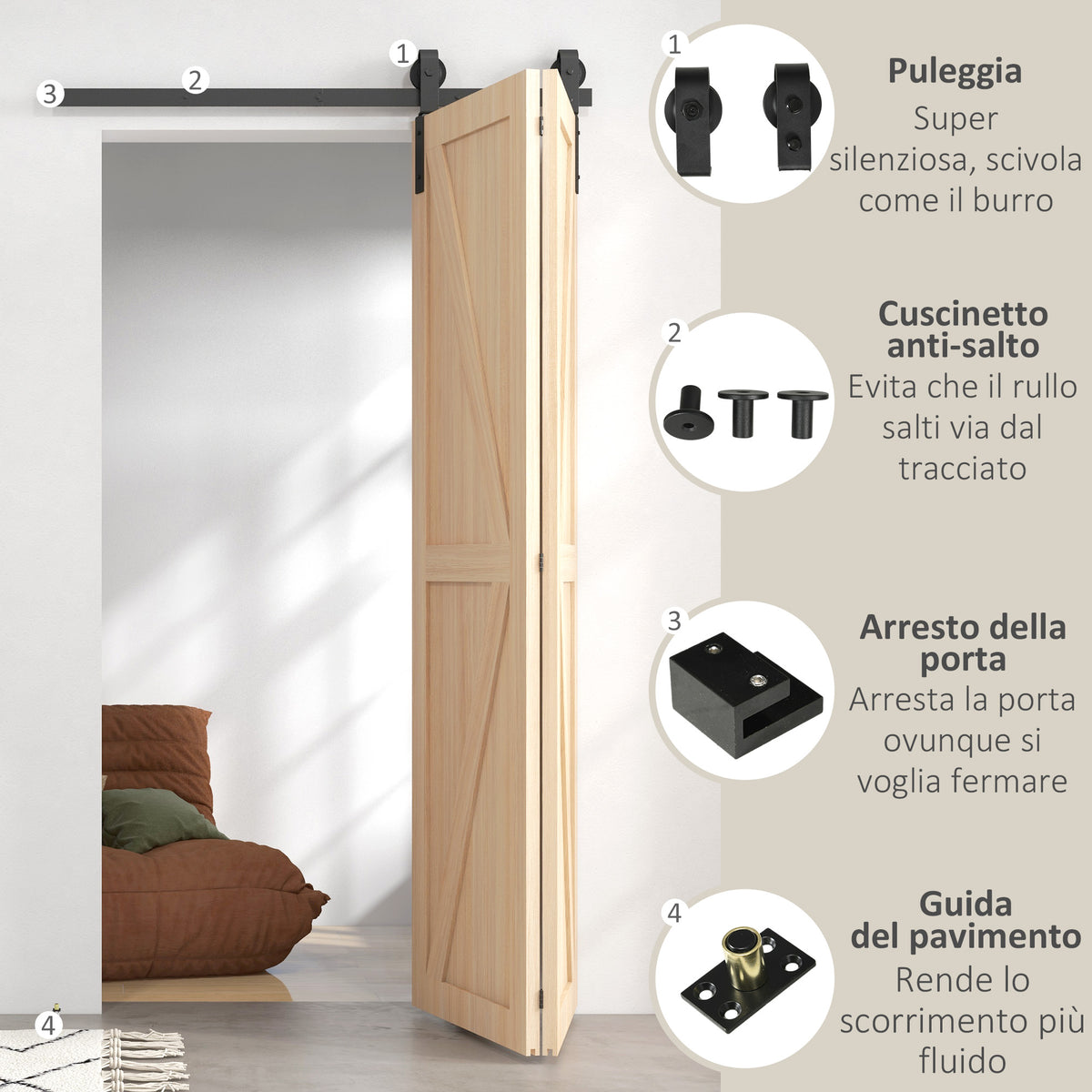 Kit per Porta Scorrevole Pieghevole in Acciaio al Carbonio Nero 122x0.5x4 cm