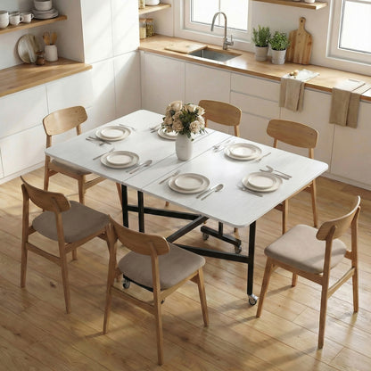 Tavolo Pieghevole per 4-6 Persone con 2 Ribalte e Ruote con Freno, 120x80x73 cm, Bianco Legno