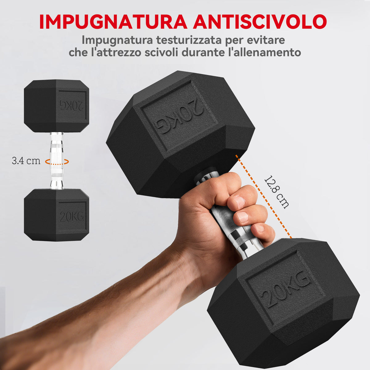 Manubrio Esagonale da 20kg in Acciaio e Gomma per Workout in Palestra, Casa e Ufficio, Nero