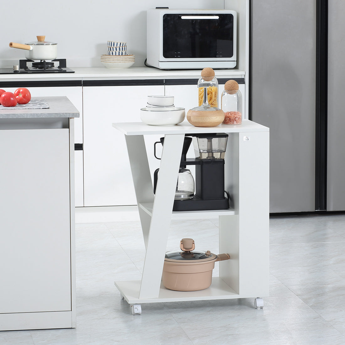 Carrello da Cucina Portavivande in Legno con 2 Ripiani e Ruote, 60x38x77cm, Bianco