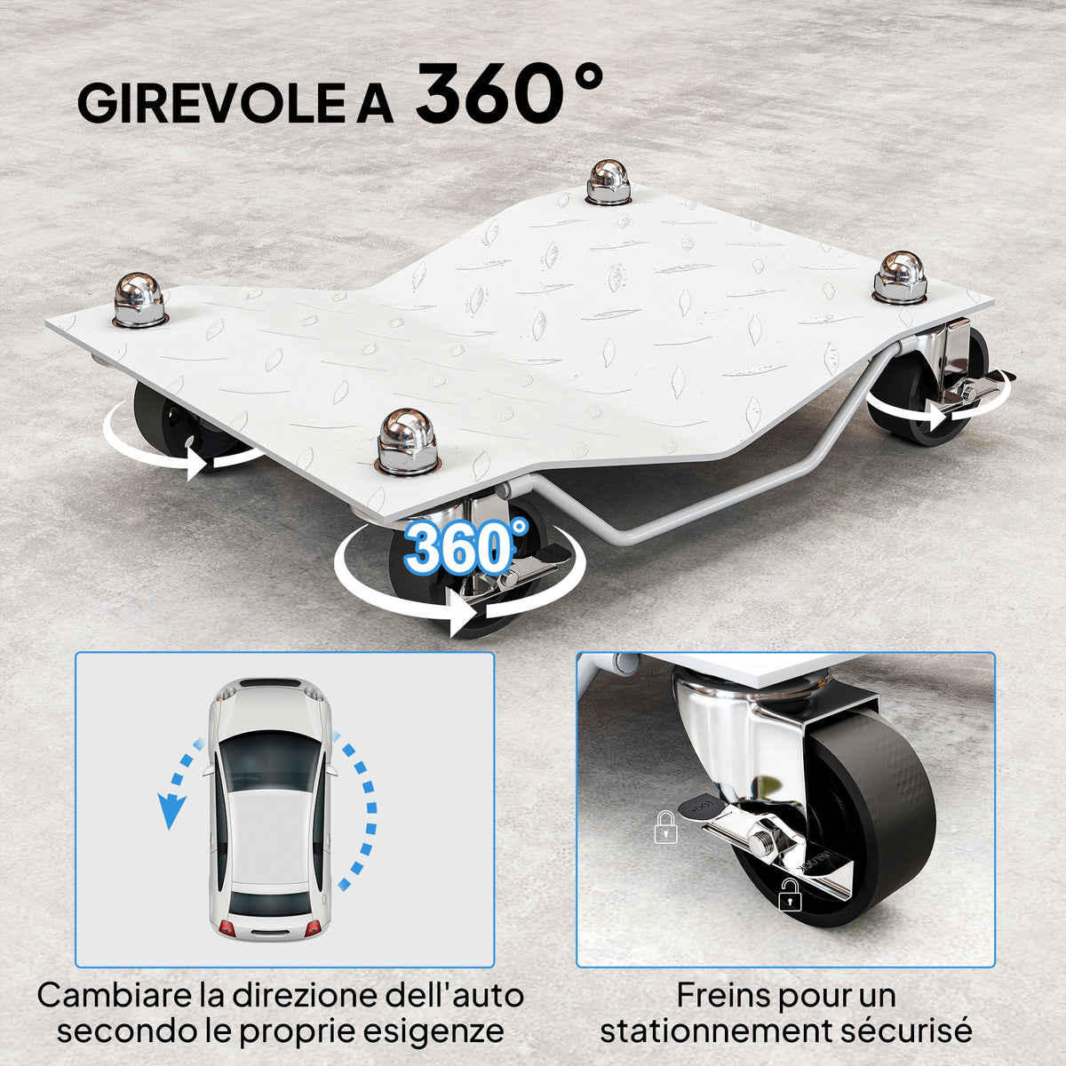 Set di 2 Carrelli Sposta Auto in Metallo Antiscivolo con Ruote Girevoli e Bloccabili, Argento