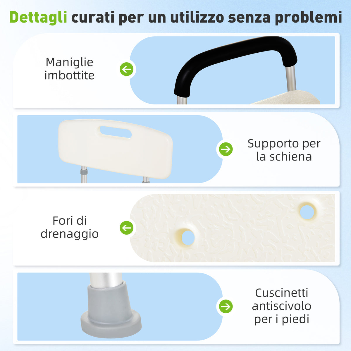 Sedia da Doccia in HDPE a 6 Altezze Regolabili con Schienale e Braccioli, 47x50x74-87 cm, Bianco e Argento