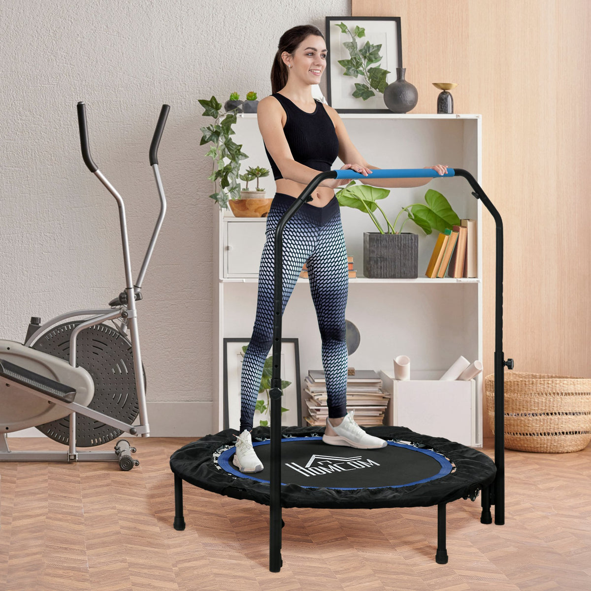 Mini Trampolino Fitness 102 cm Pieghevole con Manubrio Regolabile in Altezza, Blu