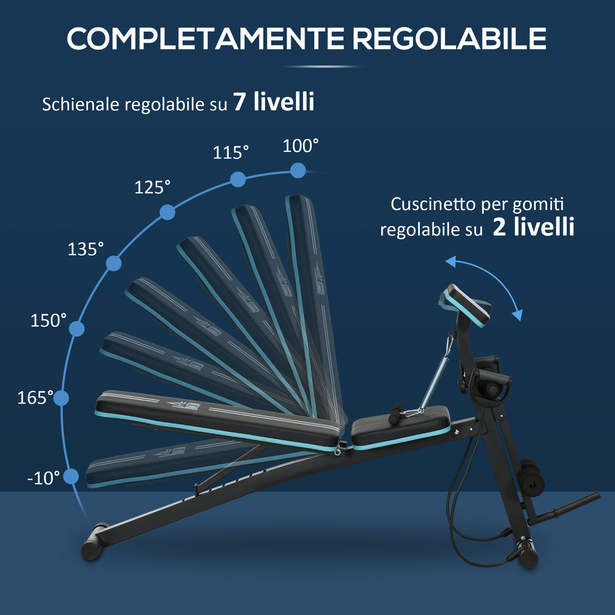 Panca Multifunzione Pieghevole con Schienale Regolabile a 7 Livelli, Leg Extension, Cuscinetto ed Elastici, Blu