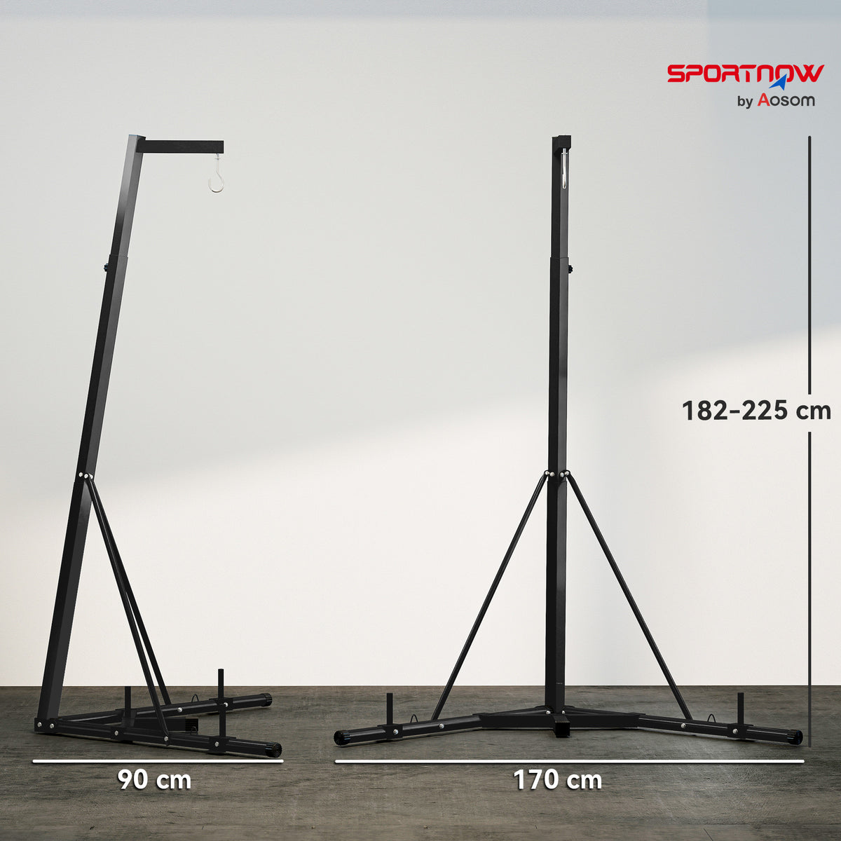 Supporto Sacco da Boxe Regolabile in Altezza e Autoportante con Base Triangolare, 170x90x182-225 cm, Nero
