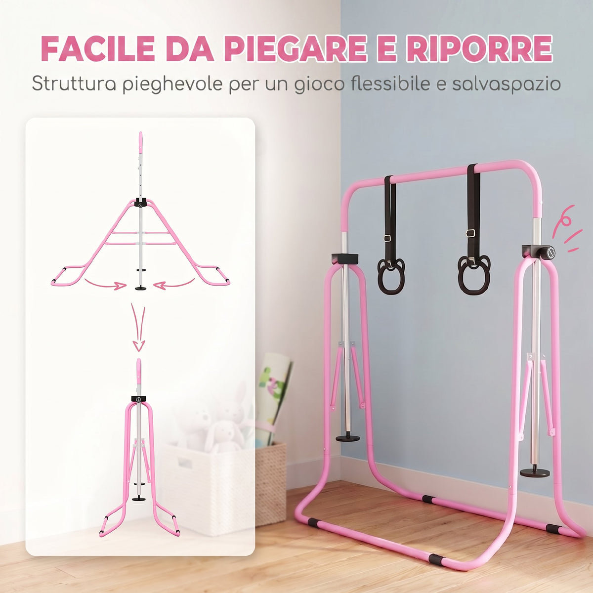 Sbarra Ginnastica Artistica per Bambini ad Altezza Regolabile con 2 Anelli, in Acciaio, 148x105x88-128 cm, Rosa