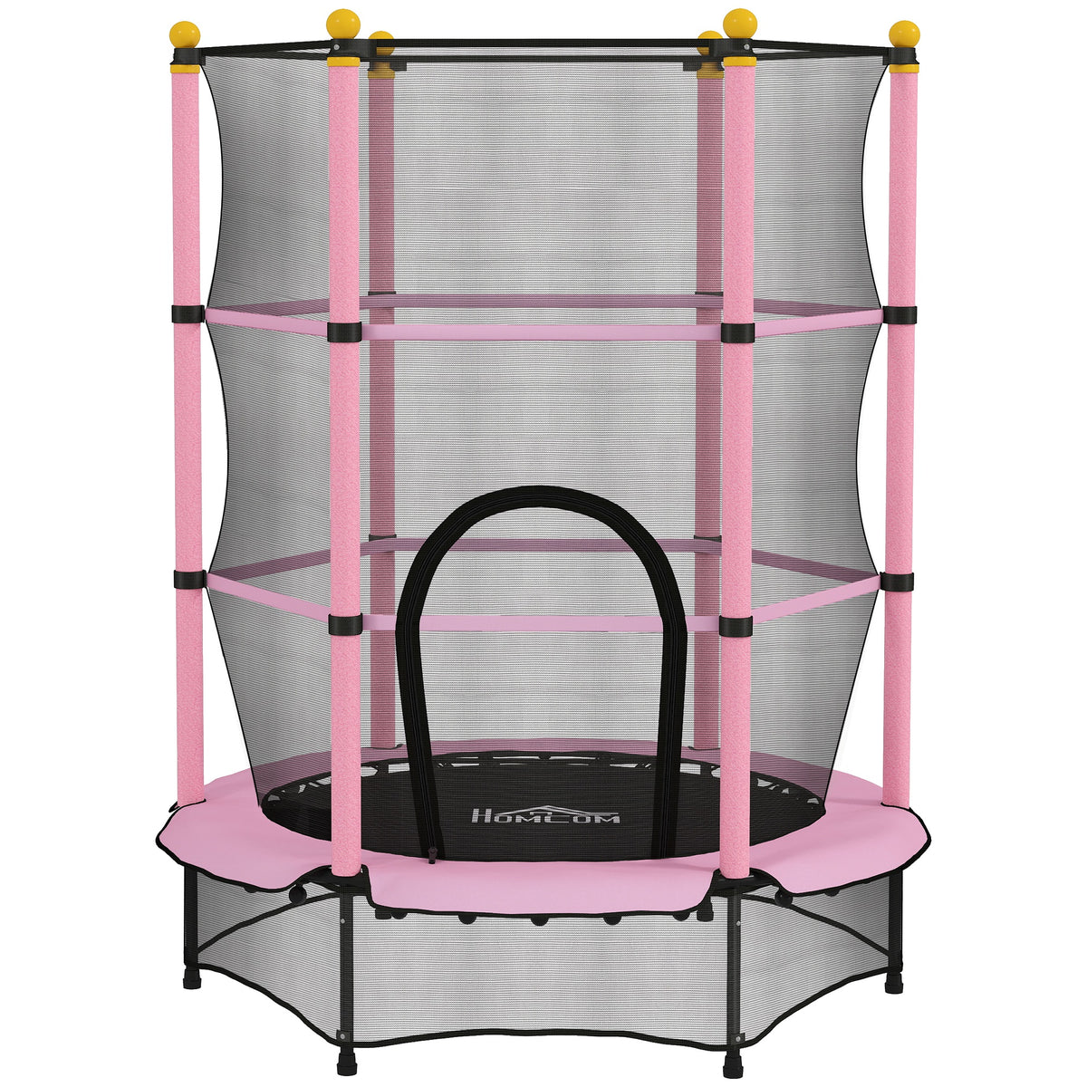 Tappeto Elastico per Bambini con Rete di Sicurezza e Pali Imbottiti Età 3-10 Anni, 140 x 190 cm, Rosa