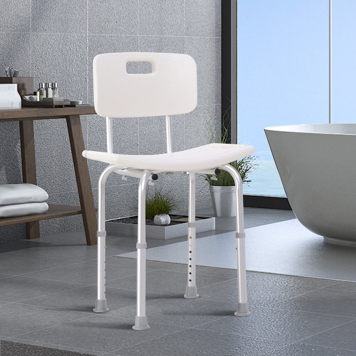 Sedia Doccia Antiscivolo e Regolabile con Fori di Drenaggio e Ventose, in Plastica e Alluminio, 50.6x43x71-88 cm
