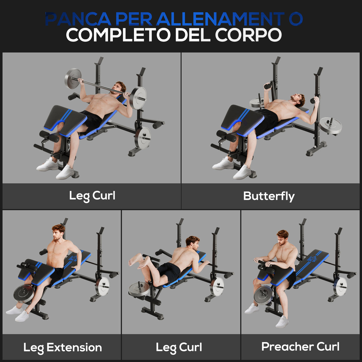 Panca Multiuso con Supporto Bilanciere e Schienale Regolabile, in Acciaio e Plastica, 175x139x127 cm, Nero e Blu