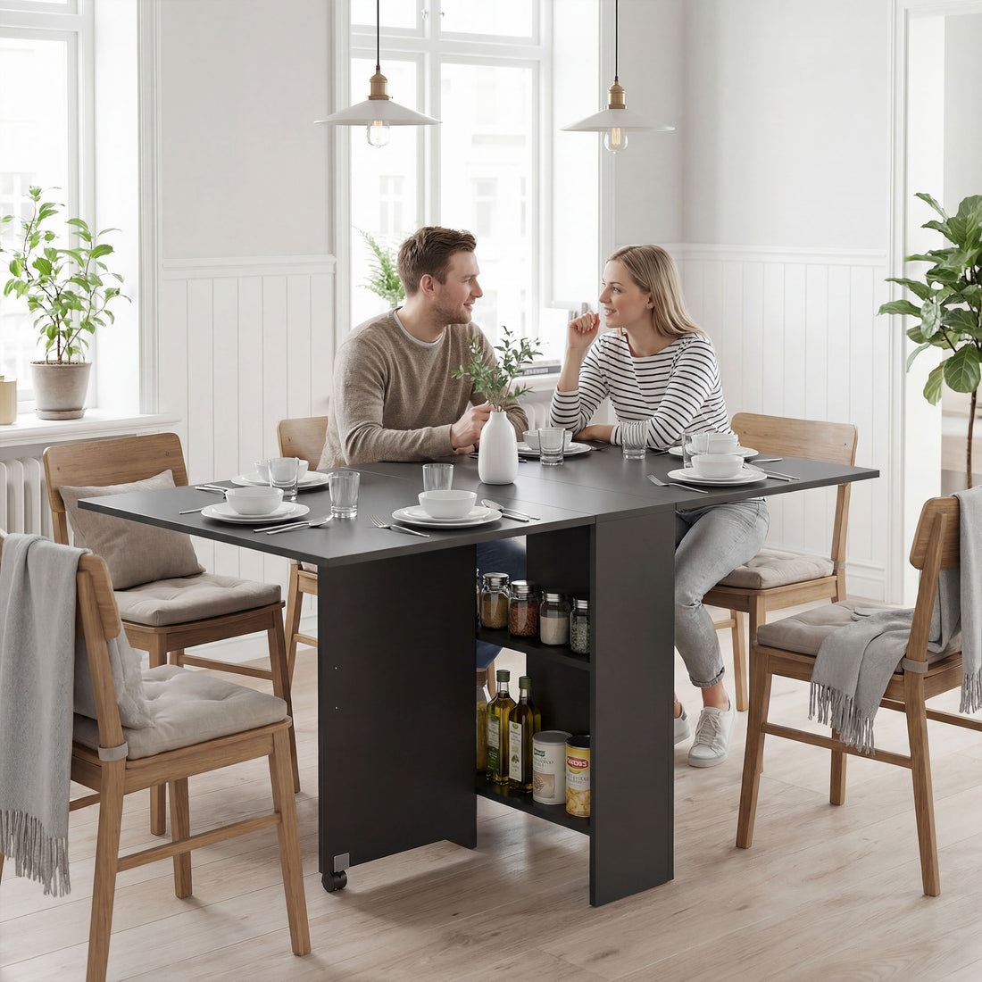Tavolo Pieghevole in Legno per 4-6 Persone con Ruote, 75x140x74cm, Nero