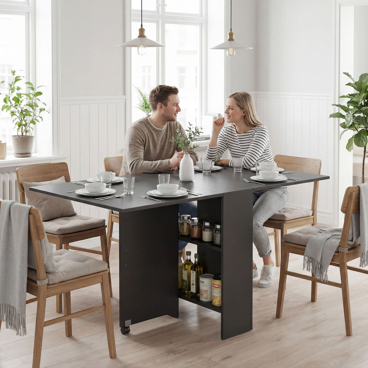 Tavolo Pieghevole in Legno per 4-6 Persone con Ruote, 75x140x74cm, Nero