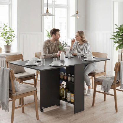 Tavolo Pieghevole in Legno per 4-6 Persone con Ruote, 75x140x74cm, Nero